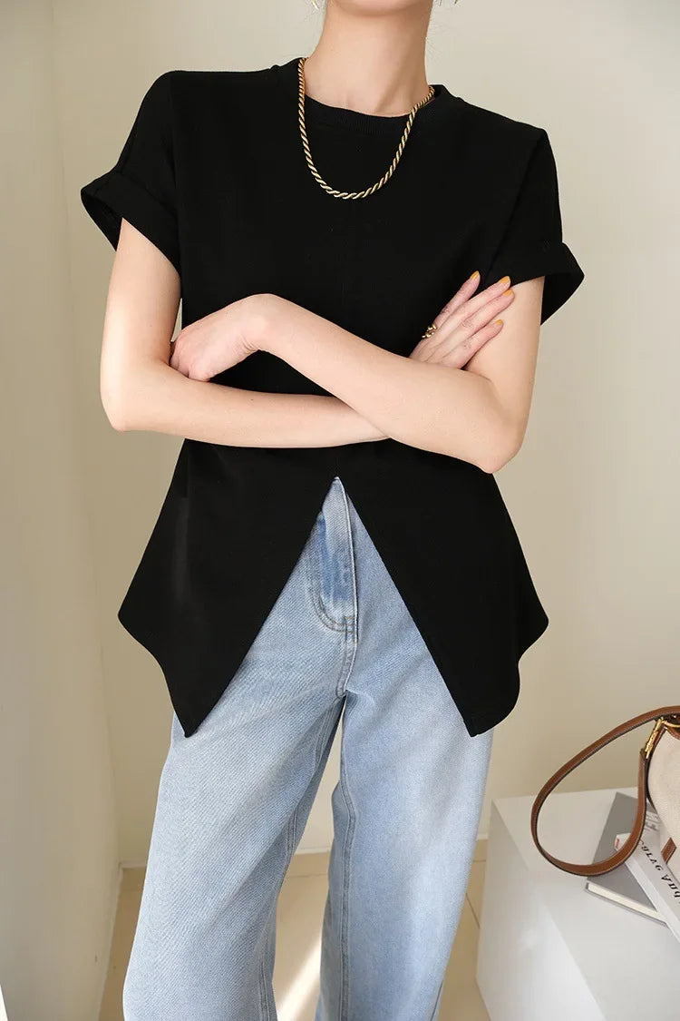 Fashionable High-Waist Short-Sleeve T-Shirt Women's Design Sensation Small Audience Fly Sleeve Split New Arrival Hot Sale Of The