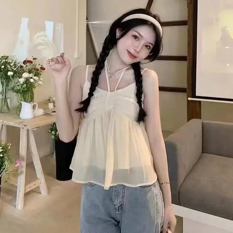 Korean Style Sweet Doll Top with Bow Tie Sleeveless Women's Shirt with Inner Lining Floral Print Casual Loose Fit T-Shirt
