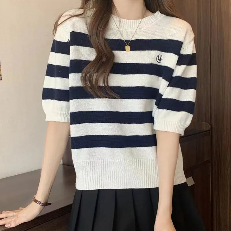 New 2025 Women's Ice Silk Knitted Short Sleeve T-shirt round Neck Wide Stripe Color Block Crew Neck Pullover Summer Top