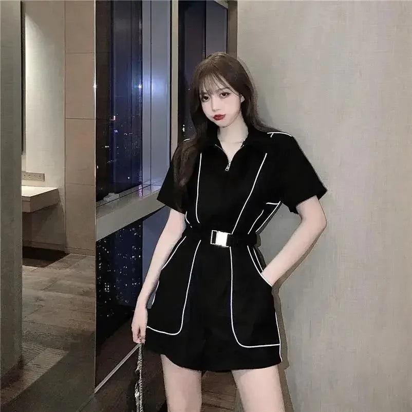 Luminous Striped Jumpsuit Short Sleeve Korean Style Summer New Waist Shaping Slimming Individual Set Women's One-Piece Shorts