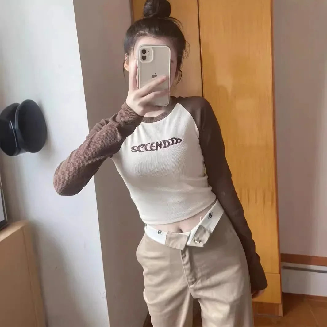 Women's Autumn Collection Color Block Long Sleeve T-Shirt Crew Neck Design Sensibility Inner Cropped Base Layer Top Tight Belly