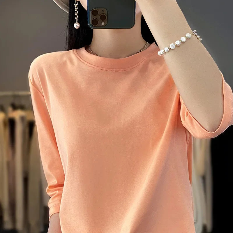 Slim Fit Women's Cotton T-shirt Crew Neck Short Sleeve round Neck Pure Combed Silk Glazed Cotton Base Top for Spring Summer