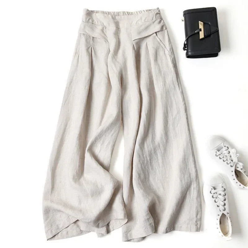 Summer Cotton Linen Wide Leg Pants Women Loose Slimming Breathable Thin Nine Points Hanger Feel Long Trousers Female