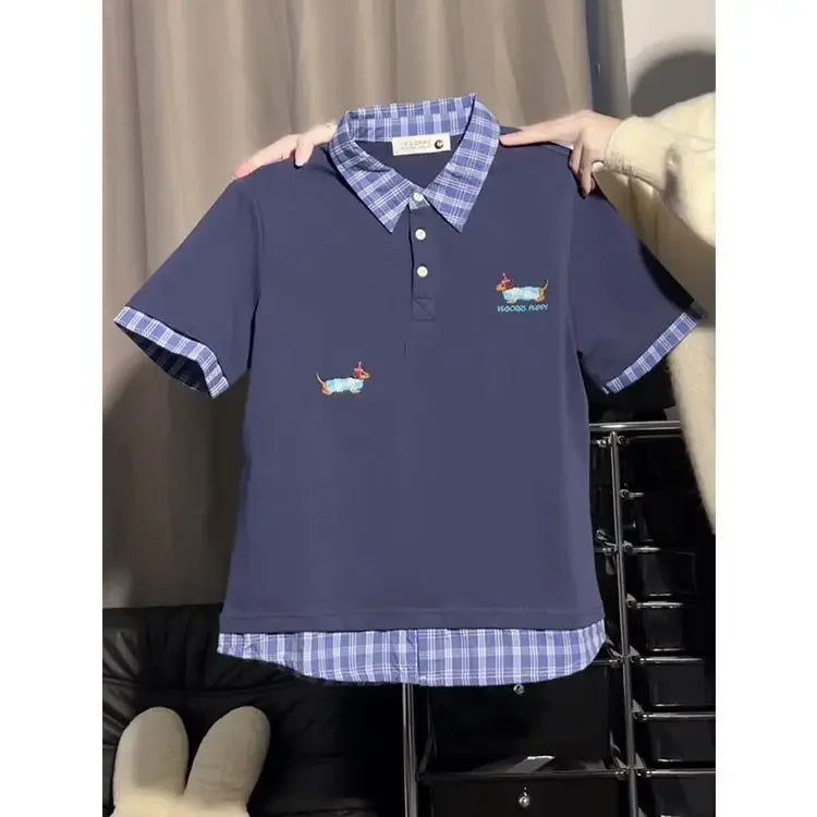 Cute Dog Plaid Loose Polo Neck T-Shirt Women's Spring Autumn College Style Fake Two-Piece Polyester Fiber Short Sleeve Top