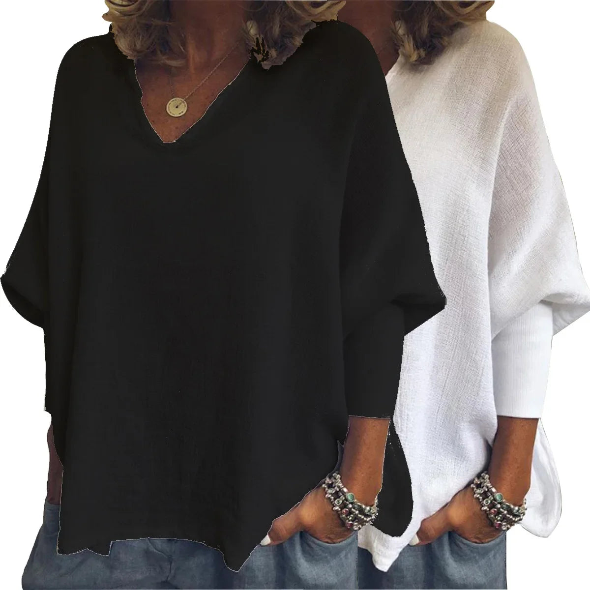 Loose Casual V-Neck Pure Color Cotton Linen Ribbed Long Sleeve T-Shirt Women's Autumn Winter Fashion Top Comfortable Breathable
