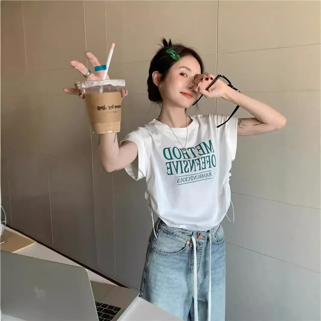 Summer New Style Short Lazy Drawstring Belly Covering Hot Girl Design Trendy Top Women's T-shirt Comfortable Casual Wear