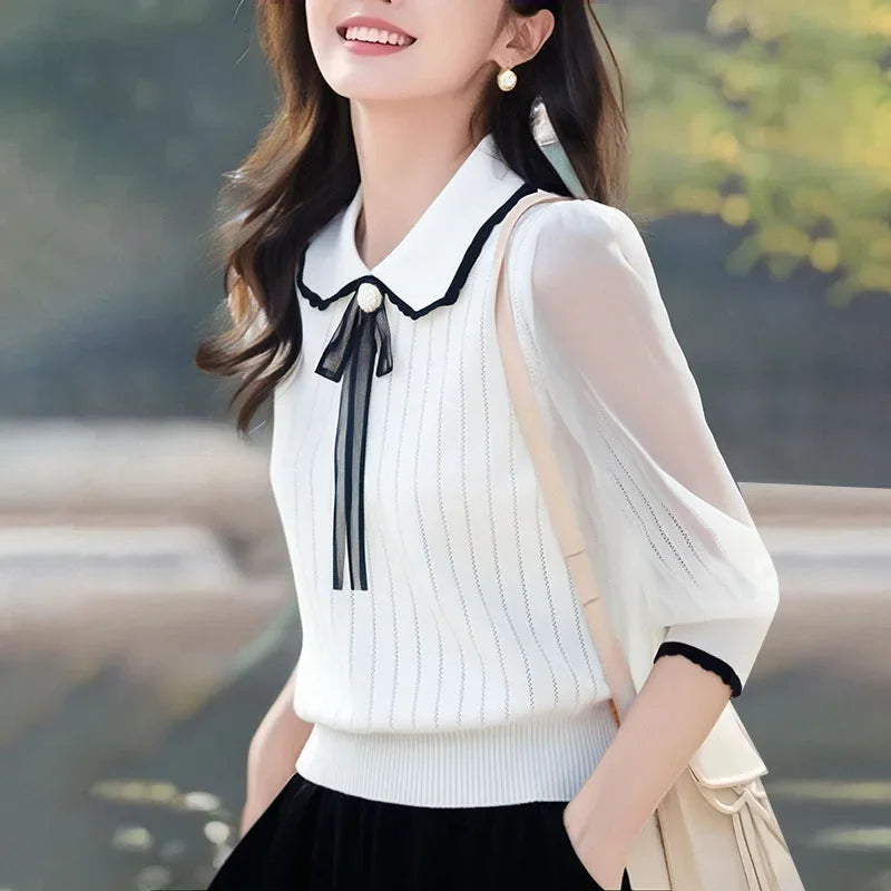 New 2025 Women's Long Sleeve T-Shirt Ice Silk Knitted Shirt Doll Collar Lace Base Shirt Korean Style Fashionable Spring Autumn