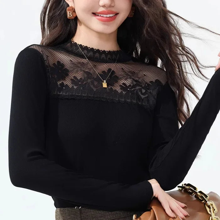 Lace Long Sleeve Women's Top Half High Collar Mesh under Shirt Stylish Base Layer Loose Fit Autumn Winter New plus Size