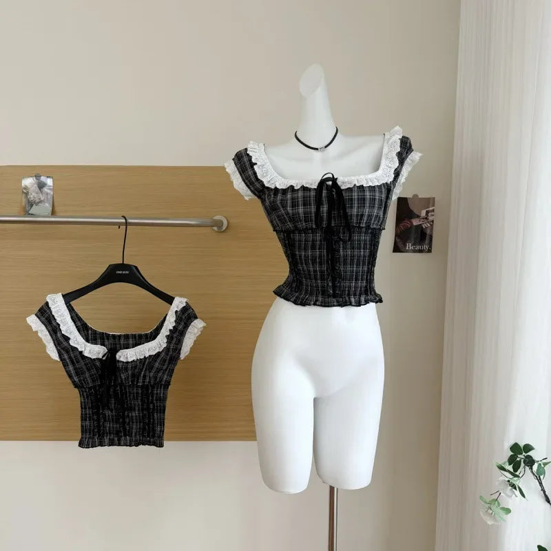 Velvet Ribbon Belted Plaid Trim Sleeveless Women's Top Small Shirt Fashionable Chinese Brand AE Originated from Mainland China