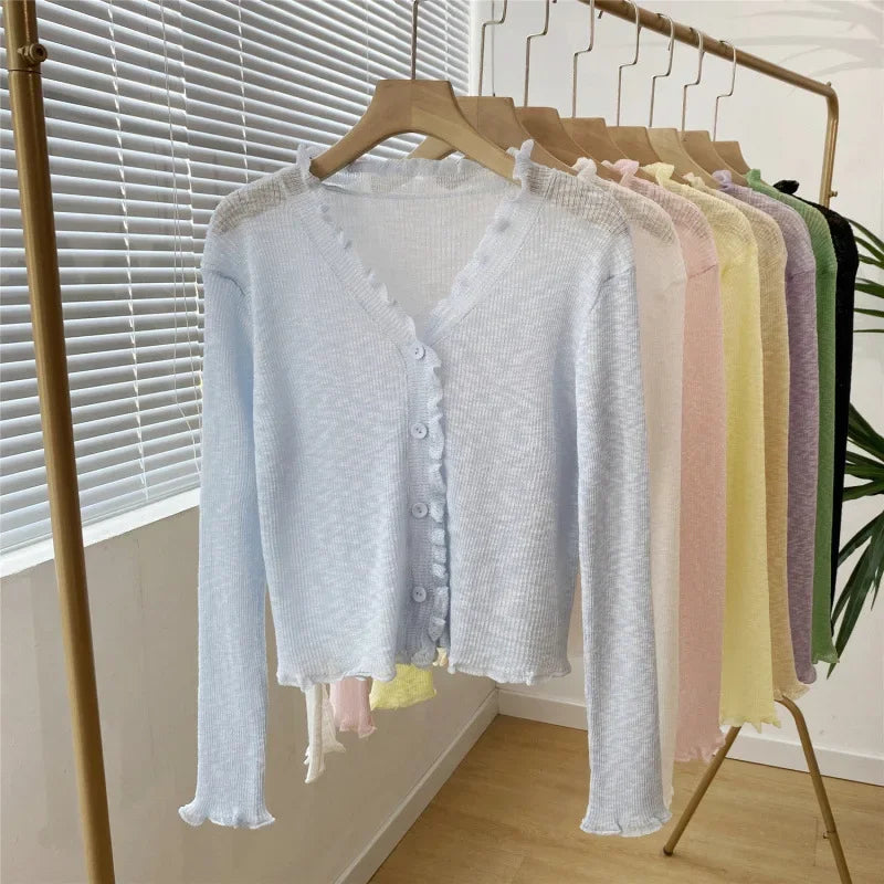 Sweet Korean Style Long Sleeve V-Neck Knitted Cardigan Thin Sun Protection Women's Fashion Summer Cross-Border Clothing