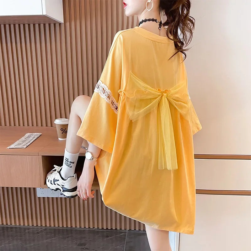 Loose Mid-Length Short-Sleeve T-Shirt Butterfly Knot Design Summer Fashion Sensation Half Sleeve Top Cotton Crew Neck T-shirt