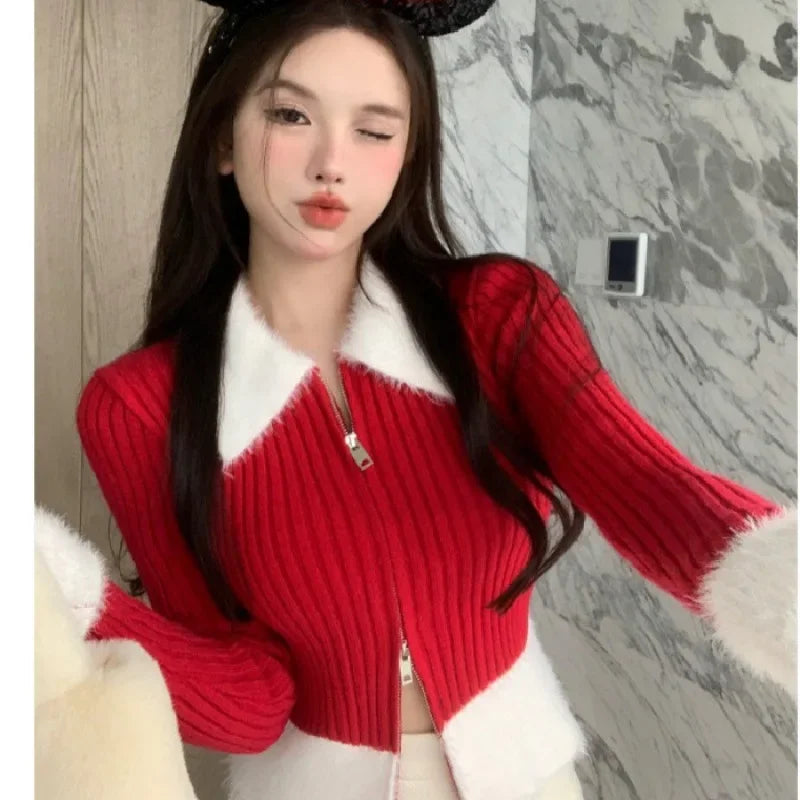 Red Knitted Short Sweater with Faux Fur Collar for Women New Year's Fashion Pure Desire Spicy Short Style Autumn Winter Outerwea