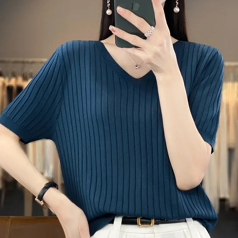 V-Neck Short Sleeve Ice Silk Knitted Base Shirt Women's Thin T-Shirt Pure Color Simple Style Pullover Top Quality Polyester Fibe