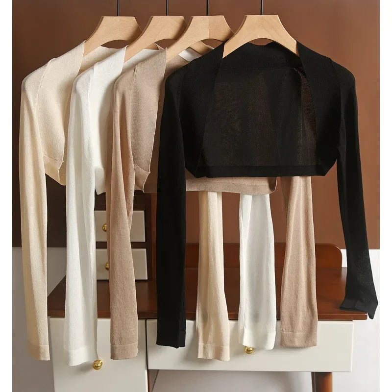 Summer Thin Knitted Ice Silk Shoulder Wrap Women's Short Cardigan V-Neck Long Sleeve Top with Strap Dress Cover up