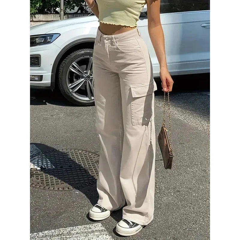 New 2025 Fashion Straight Leg Jeans Casual High Waist Street Style Pocket Workwear Loose Long Trousers Women's Autumn Pants
